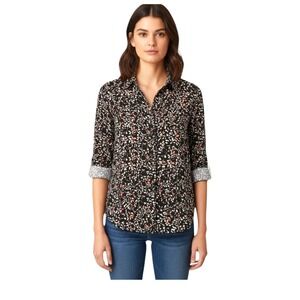 Ann Taylor LOFT Womens Black Coral Abstract Floral Button Down Blouse Elegant L